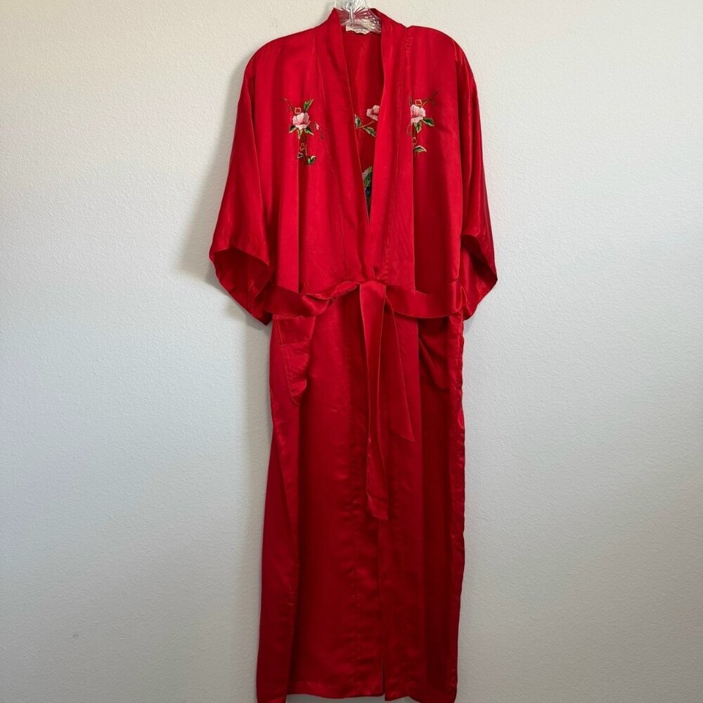 Pearls 100% Silk Hand Embroidered Floral Vintage 3/4 Kimono Sleeve Robe Size M ?
